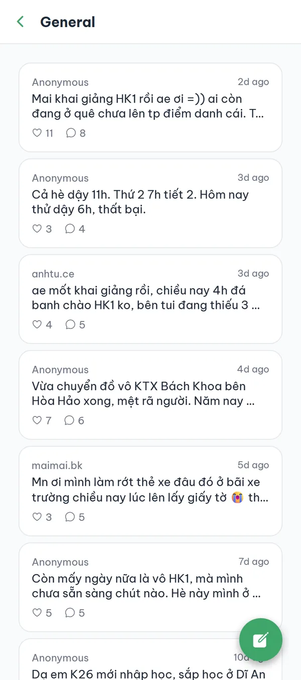 A board's post list with cards showing like and comment counts, and the pencil button at the bottom right.
