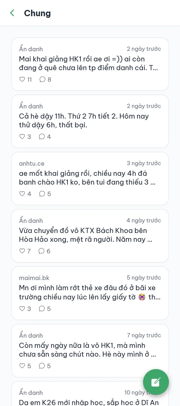 Danh sách bài của một bảng với thẻ bài kèm số lượt thích, bình luận và nút bút chì ở góc dưới bên phải.