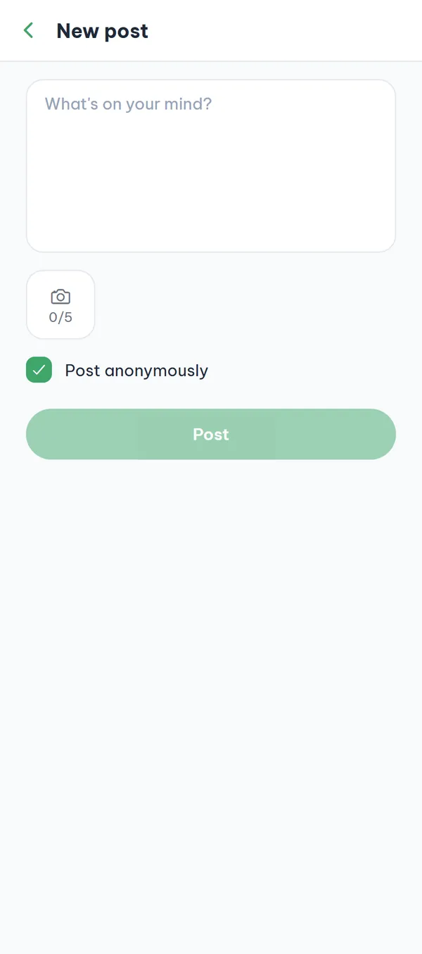 The "New post" screen with the body field, the photo tile showing the count, and "Post anonymously" checked.
