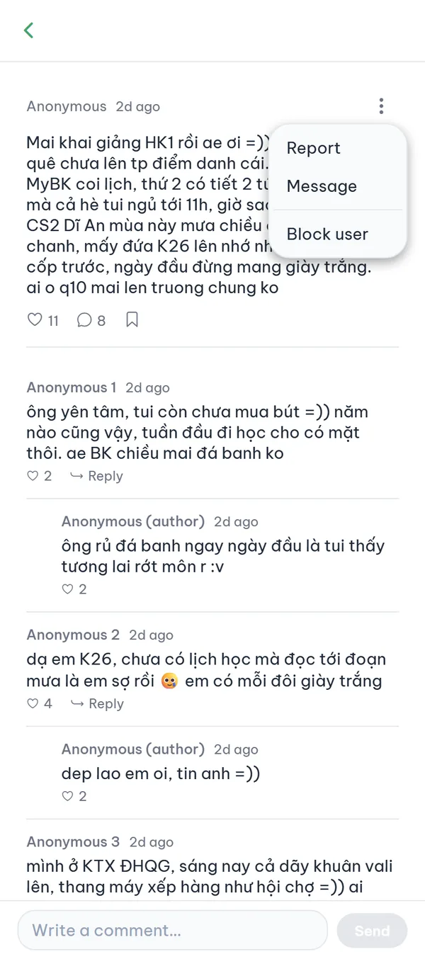 The ⋮ menu open on someone else's post, showing Report, Message, and Block user.