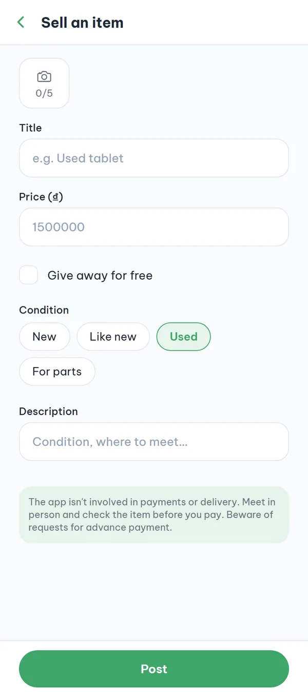 The sell form with the photo box, title, price, condition chips, and description field.