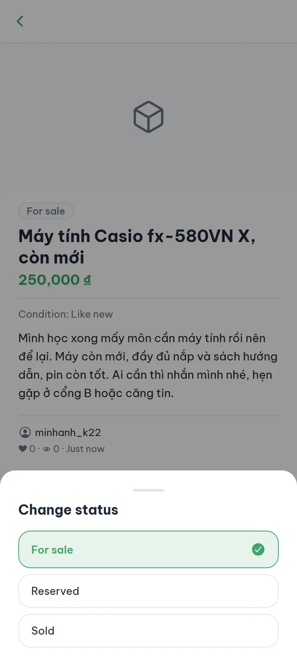 Your own listing's detail page with the "Change status" sheet open, a check mark on the current status, and the "Change status" and "Delete" buttons at the bottom.