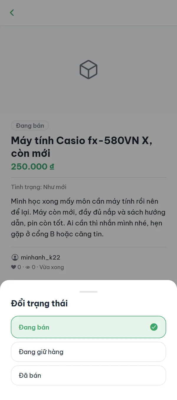 Trang chi tiết tin của chính bạn: bảng "Đổi trạng thái" đang trượt lên với dấu tích ở trạng thái hiện tại, dưới cùng là hai nút "Đổi trạng thái" và "Xóa".