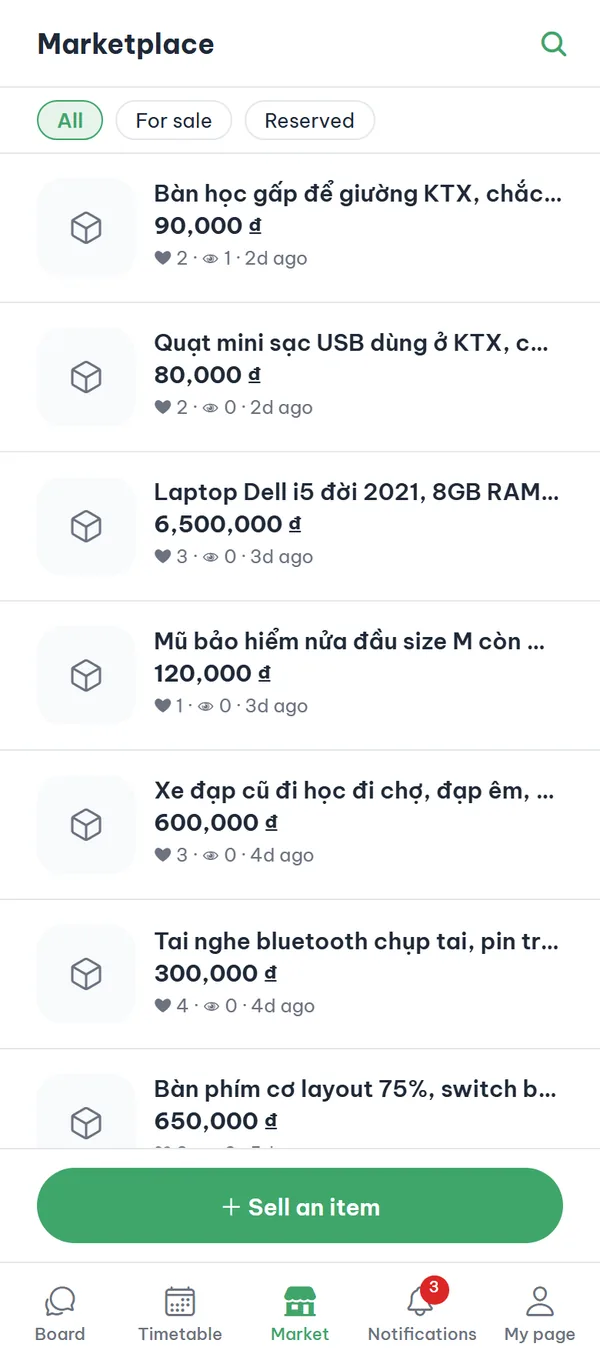 The marketplace screen with status filter chips at the top and a list of item cards below.