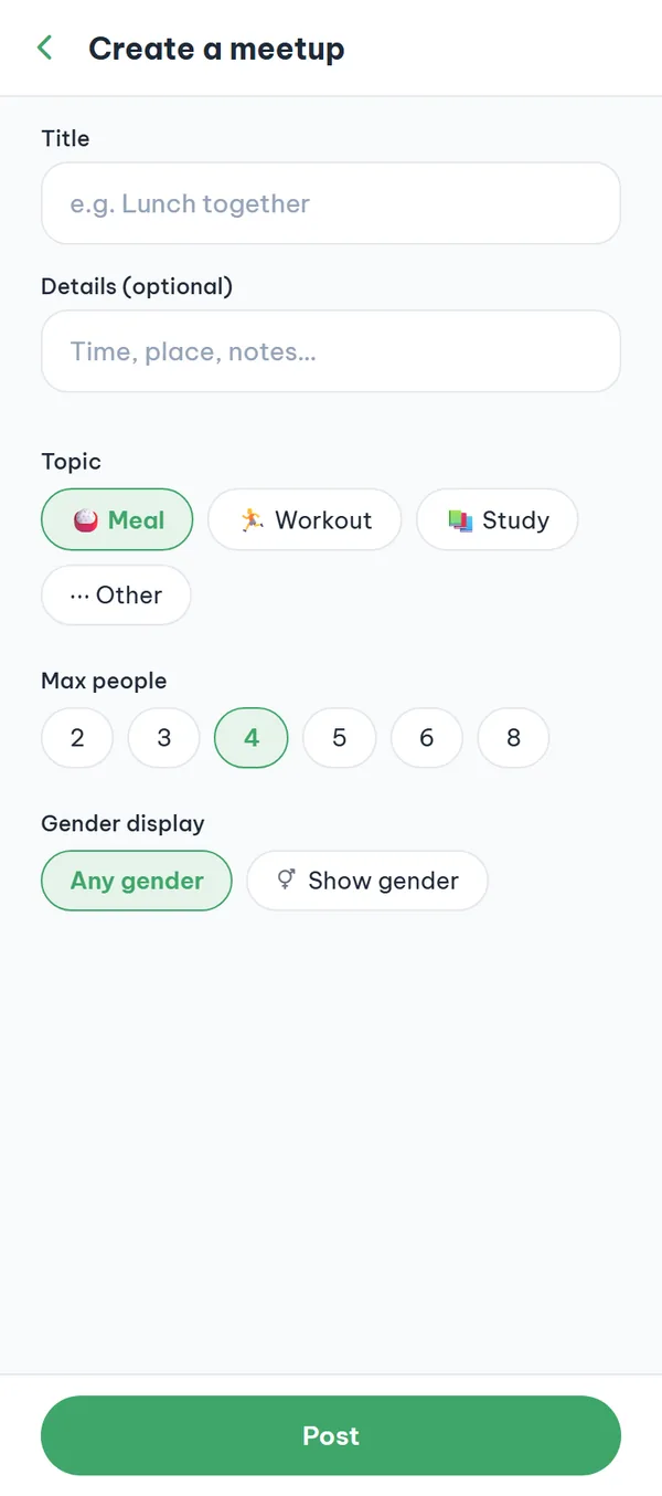 The create-a-meetup form with title and details fields, topic choice, max people, and gender display options.