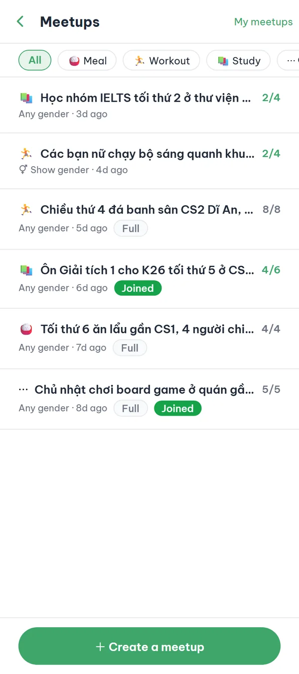 The meetups list with topic filter chips on top and each row showing a head count and a status label.