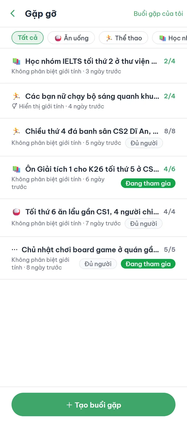 Danh sách Gặp gỡ với chip lọc chủ đề ở trên, mỗi dòng có số người và nhãn trạng thái.