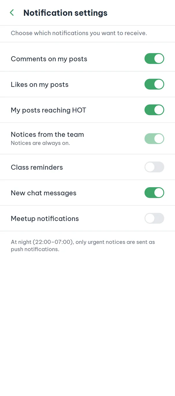 The "Notification settings" screen with one switch per notification type and the night-time note at the bottom.