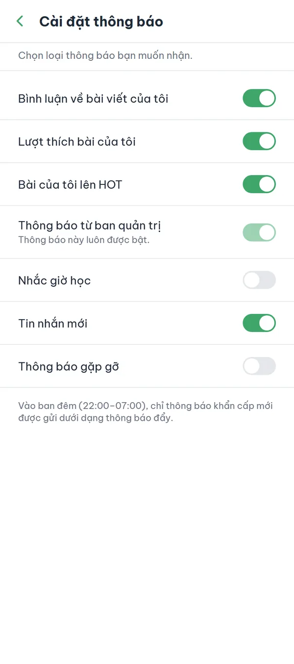 Màn hình "Cài đặt thông báo" với các công tắc theo từng loại thông báo và ghi chú ban đêm ở cuối.