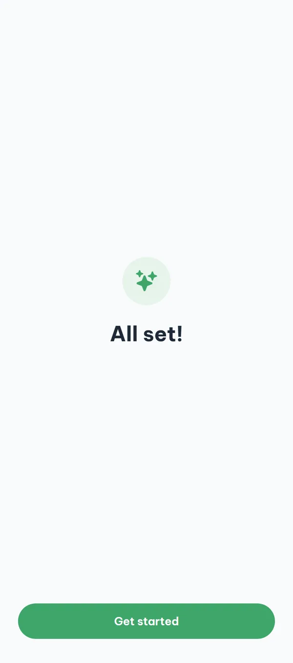 The onboarding completion screen with a sparkle icon, the words "All set!", and the "Get started" button.