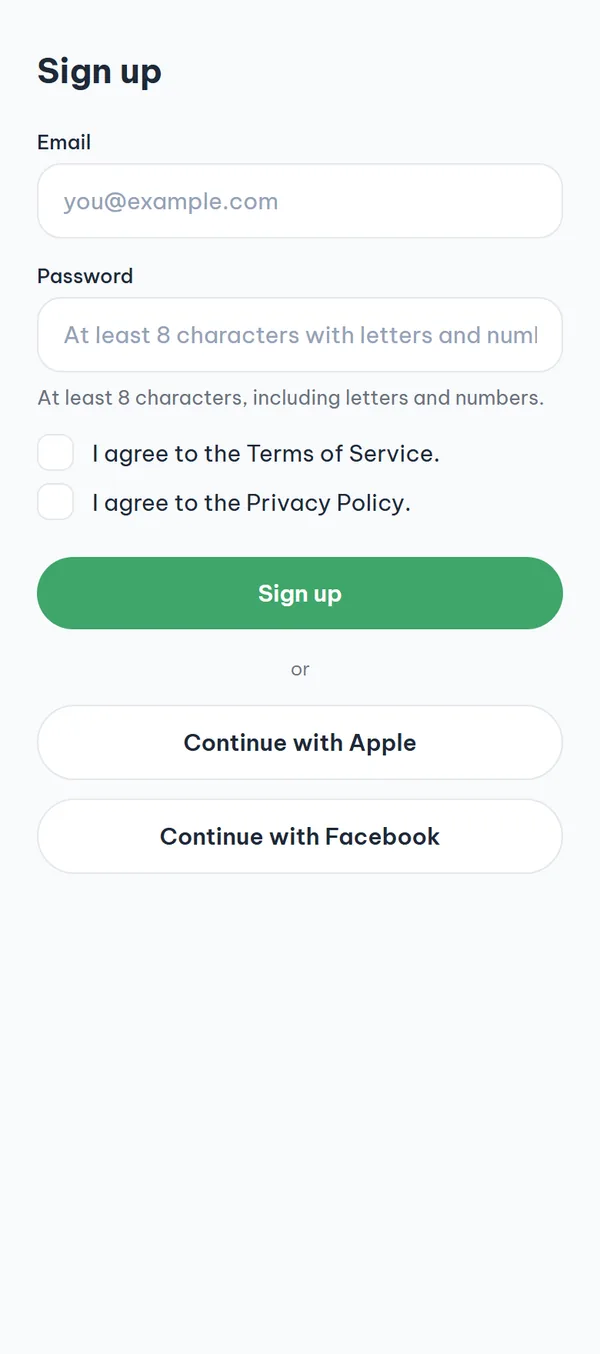 The "Sign up" screen: email field, password field with the rule hint, two agreement checkboxes, the "Sign up" button, and below it an "or" divider with the social sign-up buttons.