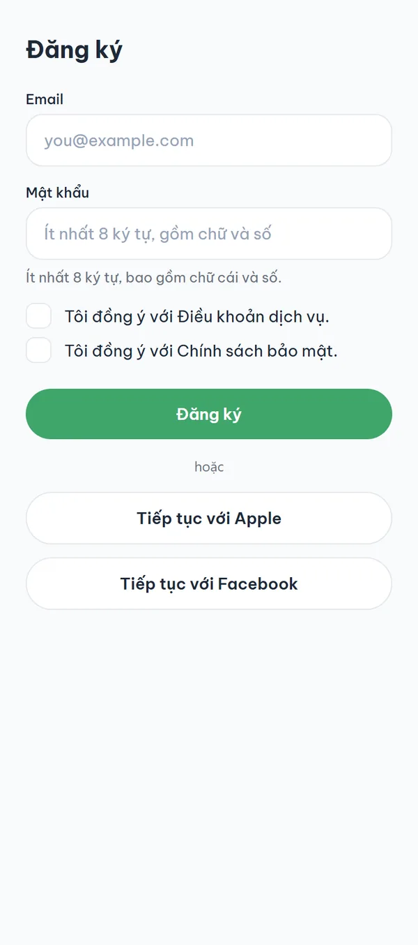 Màn hình "Đăng ký": ô email, ô mật khẩu kèm gợi ý quy tắc, hai ô tích đồng ý, nút "Đăng ký", bên dưới là dòng "hoặc" cùng các nút đăng ký bằng mạng xã hội.