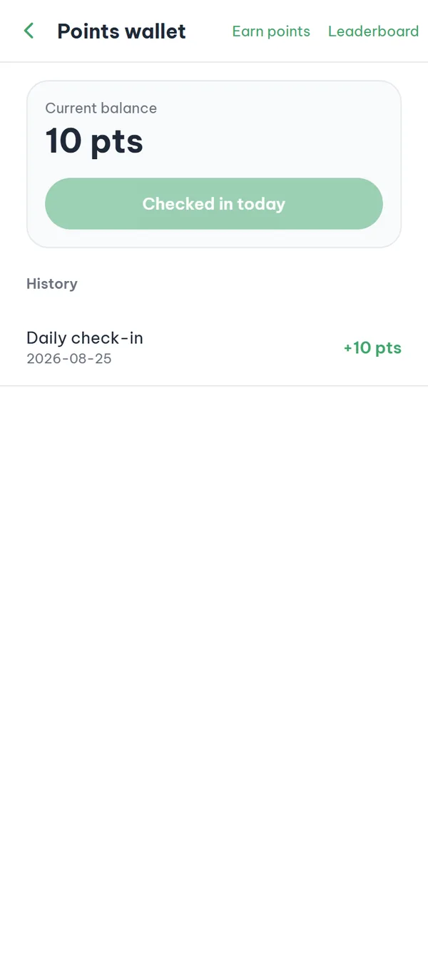 The "Points wallet" screen with the "Current balance" card, the check-in button, and the "History" list below.