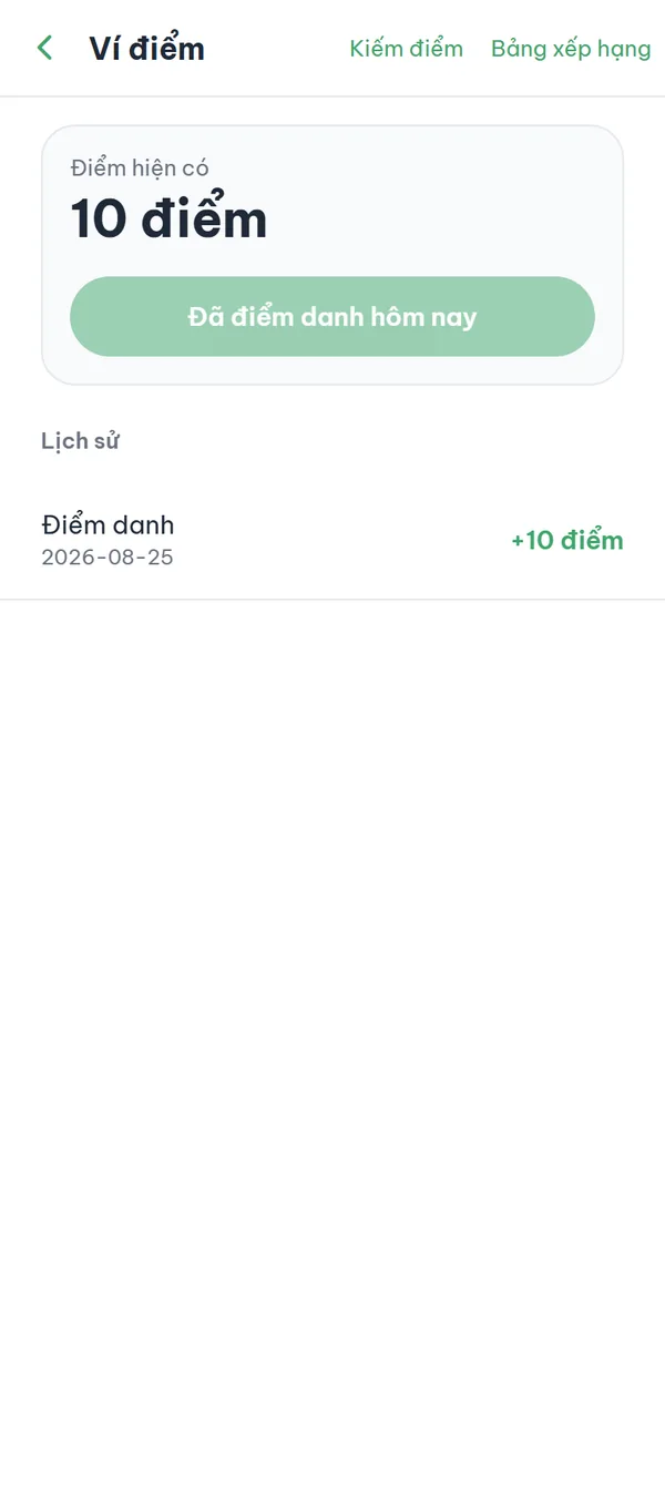 Màn hình "Ví điểm" với thẻ "Điểm hiện có", nút điểm danh và danh sách "Lịch sử" bên dưới.