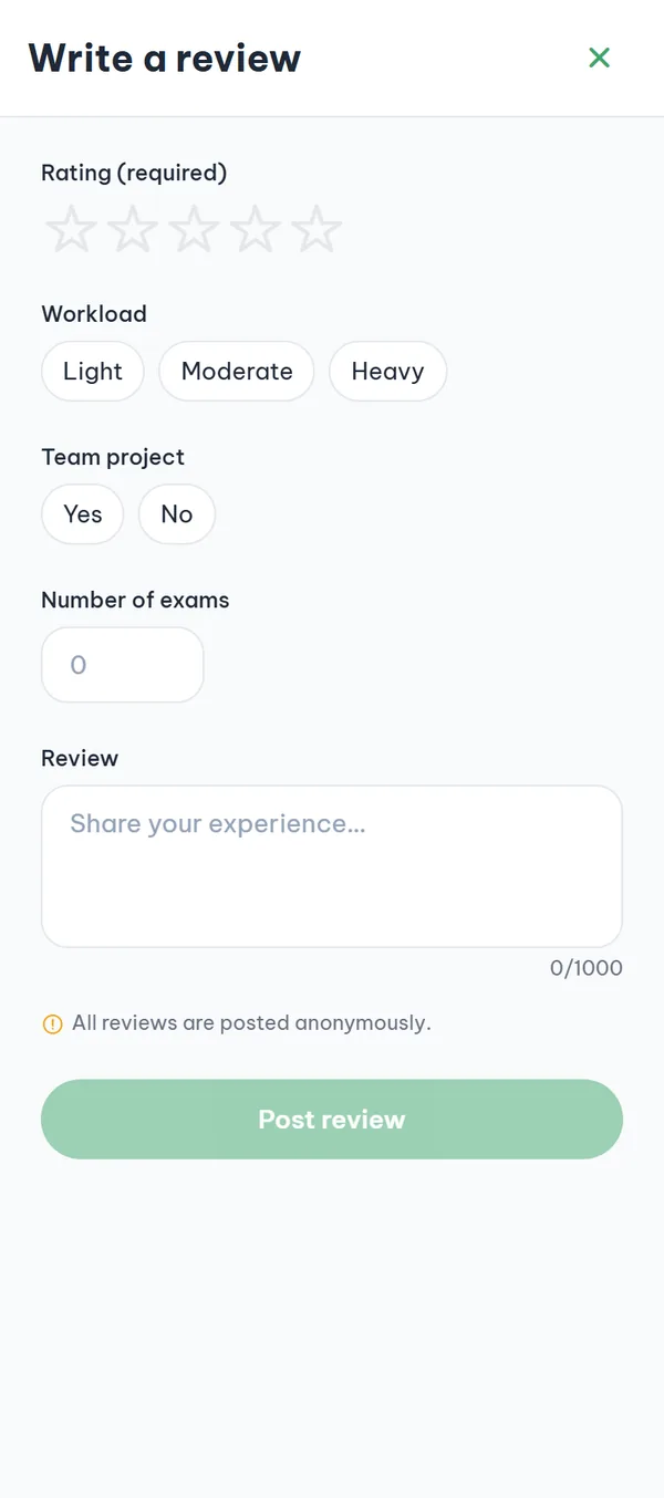 The compose screen: a row of stars, workload and team project chips, an exam count field, a text box with a character counter, and the anonymous notice.