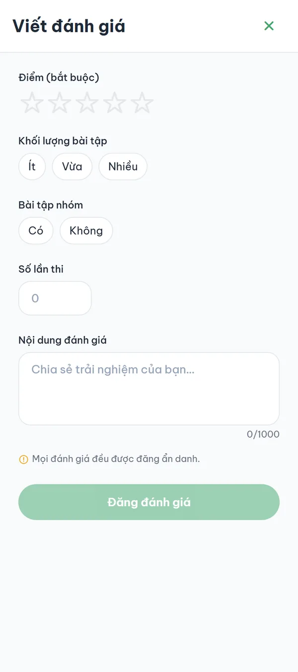 Màn hình viết đánh giá: hàng sao, các nhãn khối lượng bài tập và bài tập nhóm, ô số lần thi, ô nội dung có bộ đếm ký tự và dòng ghi chú ẩn danh.