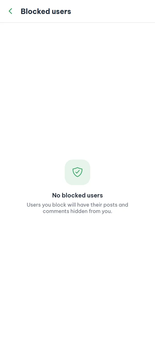The "Blocked users" screen in its empty state — "No blocked users".