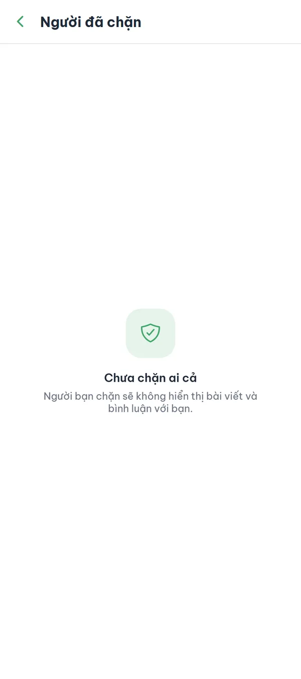 Màn hình "Người đã chặn" ở trạng thái trống — "Chưa chặn ai cả".