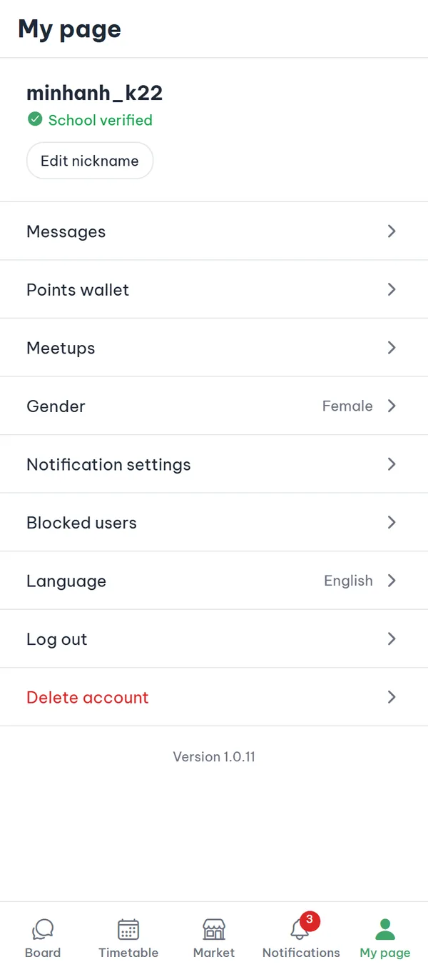 The "My page" screen with the profile card, verification badge, and the settings menu list.