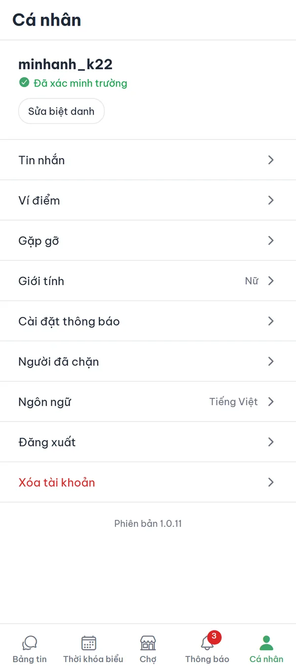 Màn hình "Cá nhân" với thẻ hồ sơ, huy hiệu xác minh và danh sách các mục cài đặt.