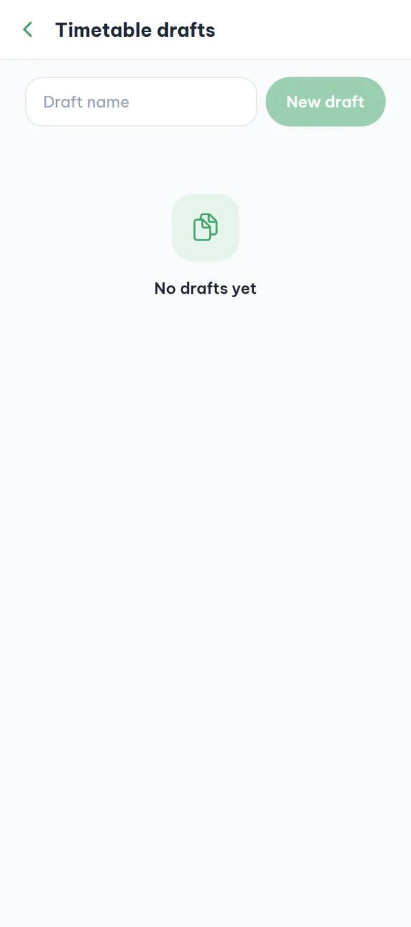 The "Timetable drafts" screen: a name field with a create button, and a list of drafts with the "Primary" badge, "Set as primary" and "Delete".