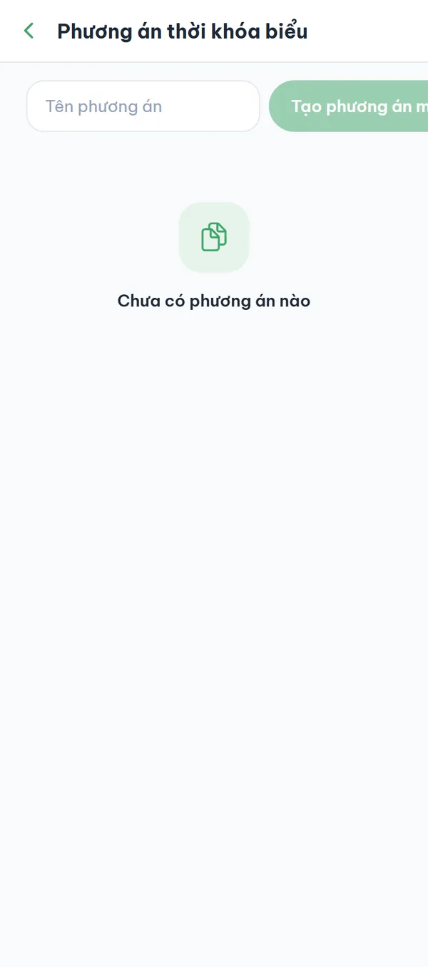 Màn hình "Phương án thời khóa biểu": ô nhập tên và nút tạo, danh sách phương án với huy hiệu "Chính", "Đặt làm chính" và "Xóa".