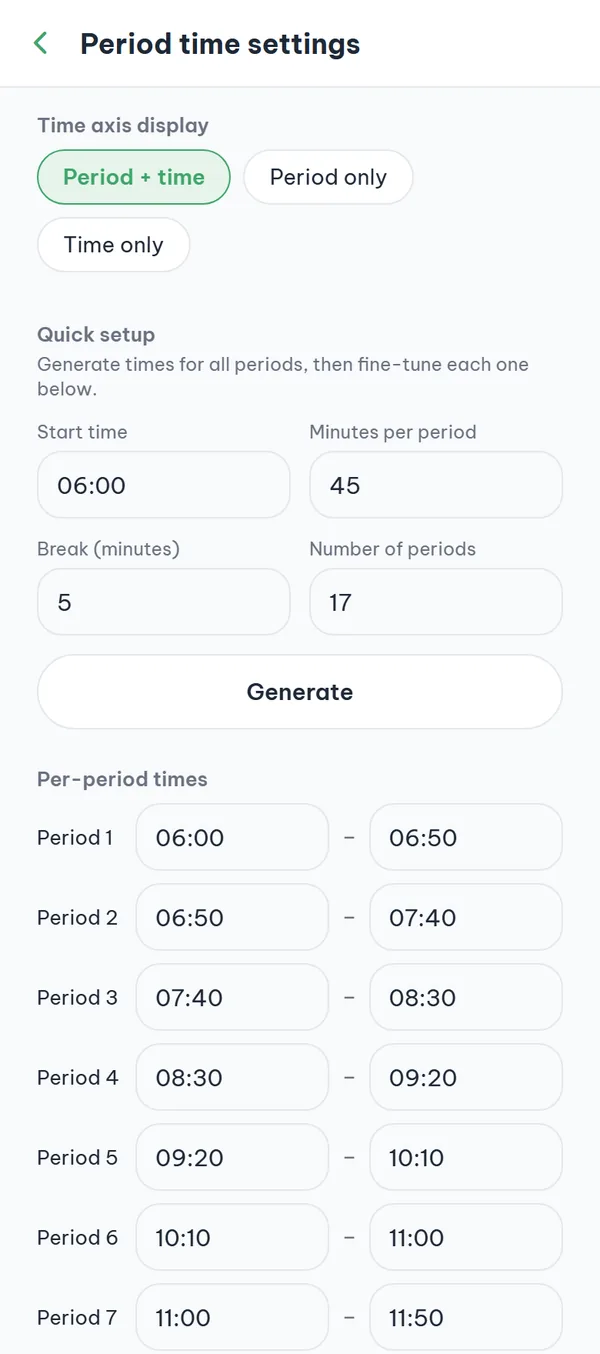 The "Period time settings" screen: three time-axis chips, the "Quick setup" block with its generate button, and a list of start–end times for each period.